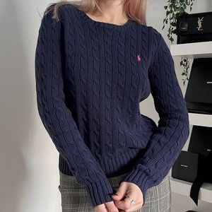 Ralph Lauren women’s cable knit ribbed sweater with pink embroidered logo 🖤
